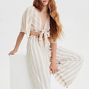 American Eagle Tan and White Stripe Pant Co-Ord Set (Sm top, Md pants)